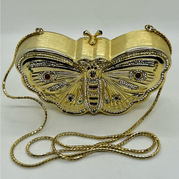Judith Leiber RARE Butterfly Minaudiere Bag Cabachon & Swarovski Brushed Gold - Picture 2 of 12